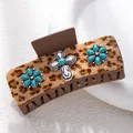Leopard print hair claw clip with vintage silver cross and turquoise stones - Leopard Cross Turquoise Style (F731-1)