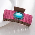 Bohemian hair claw clip with pink glitter leather and blue turquoise stone center - Pink Sequin Large Turquoise Style (F731-4)