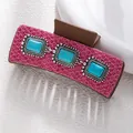Bohemian hair claw clip with fuchsia glitter fabric and turquoise square stone accents - Magenta Sequin Square Turquoise Style (F731-5)