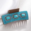 Bohemian large hair claw with blue glitter layer and turquoise stones in a western style - Blue Sequin Three Square Turquoise Style (F731-7)