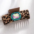 Leopard print hair claw clip with iridescent gemstone and turquoise beads detail - Leopard Rainbow Square Stone Style (F731-8)