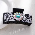 Bohemian hair claw clip with black and white cow print and turquoise floral gem detail - Cow Print Rainbow Turquoise Flower Style (F731-9)