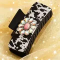 Western style cow print hair claw clip with pink stone flower and colorful rhinestones - Cow Print Pink Marble Rhinestone Style (F731-28)