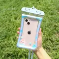 Light blue waterproof phone pouch with cartoon cat design and neck strap for swimming - Happy Cat / Suitable For 99% Of Mobile Phones