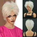 Short blonde punk wig with pink and blue streaks for Halloween party cosplay outfits - Short Hair / Platinum Blonde with Pink Blue Highlights (MW1102-1)