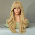 Long wavy blonde wig with neat bangs and natural high-shine synthetic fibers for women - 60CM / Gold