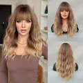 Long wavy ombre brown wig with natural bangs shown in a professional three-way view - Chestnut Tea Ombre (Model Color) / 57cm