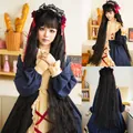 Extra long black wavy wig with bangs for Lolita dress up, shown from three perspectives - Black