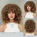 Short honey brown curly afro wig with bangs for women in front side and back view - Black-brown Gradient