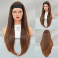Long straight headband wig with dark brown to warm brown gradient and black band - Extended Version / Brown Gold Gradient