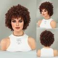 Kurze dunkelbraune Afro Kinky Lockenperücke mit Pony für Frauen in drei verschiedenen Ansichten - Kastanienbraun