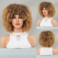 Short kinky curly afro wig for black women in honey blonde brown with bangs - Honey Blonde Ombre