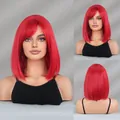 Short red straight Bob wig with neat bangs and vibrant synthetic hair for women - 35cm / Red