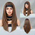 Dark brown long straight headband wig with a black wide band and layered cut - Long Style / Honey Tea Brown