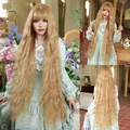 Long wavy pale gold Lolita wig with blunt bangs shown from front and back views - Brown Gold