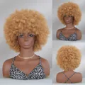 Short honey blonde afro kinky curly wig with bangs for black women in a three-view display - Burnt Brick