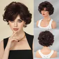 Short wavy dark brown pixie cut wig for women with natural bangs and layered curls - Redwood Brown / 31cm