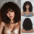 Dark brown kinky curly wig with bangs, long spiral wave synthetic hair for women - Brown Cold Brew