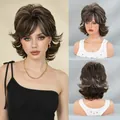 Short wavy brown pixie cut wig with silver highlights and bangs for women - Ash Brown Highlights / 37cm