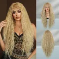 Long blonde water wave wig with bangs shown in front, side and back multi-angle views - Blonde