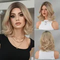 Short wavy honey blonde wig with middle part and shoulder length curly hair style - Ombre Flaxen Gold