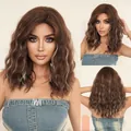 Mid-length wavy dark brown wig with honey blonde highlights and side swept bangs - Brown Mixed Gold