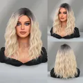 Mid-length ombre wavy wig with dark grey roots and blonde curls for women - Ombre Light Blonde