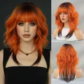 Vibrant orange ombre wolf cut wig with bangs and dark roots for fashion party - 50 cm / Flame Orange