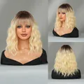 Shoulder-length wavy wig with dark roots and ombre blonde curls and neat bangs - 45cm / Ombre Light Blonde