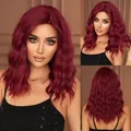 Shoulder-length burgundy wavy wig with side bangs and heat resistant synthetic fibers - Burgundy