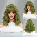 Olive green shoulder-length wavy wig with bangs, multiple views of hair style - 45cm / Vanilla Green