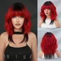 Short wavy ombre wig with bangs featuring a stylish black to bright red gradient - 50 cm / Brilliant Red