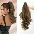 Extensión de coleta ondulada en marrón oscuro con mechas rubias y pinza de sujeción - Estilo Medio-Largo / Marrón Verdoso