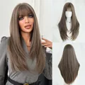 Long straight ash brown wig with bangs and layered V-shaped cut for women - Mint Tea Brown 70cm