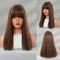 Straight shoulder-length dark brown wig with light highlights and neat bangs - Brown Highlights