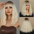 Natural looking medium length wavy blonde wig with dark roots and neat bangs variant - Light Gold Beige White / 43cm