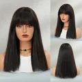 Long straight dark brown wig with neat bangs showing front side and back views - Natural Black
