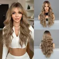 Long wavy ombre wig with bangs showing dark roots to ash blonde gradient style - 67cm / Bronze Gold