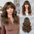 Medium length wavy dark brown wig with bangs and natural gradient synthetic hair texture - Oatmeal Brown / 58cm