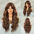 Long wavy wig in dark brown with blonde highlights featuring fringe in three-view display - 67cm / Nightfall Brown Gold