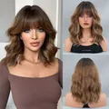 Mid-length wavy ombre brown wig with natural bangs and high-shine synthetic fibers - Ombre Clay Brown