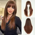 Straight mid-length brunette wig with bangs and layered ends for a natural look - 65cm / Sandy Brown Gradient