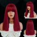 Sleek medium-length dark red straight wig with bangs shown in front, side and back views - Beetroot Red