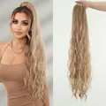 36-inch honey blonde wavy ponytail extension with highlighted drawstring wrap design - Caramel Gold Highlight Long