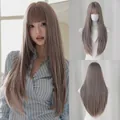 Long straight hair wig with bangs in light ash brown shade, front and back views - Taro Pink Purple (Lightweight) 72cm