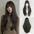 Long straight dark brown synthetic wig with flat bangs shown on model and mannequin - Cold Brown (Lightweight) 72cm