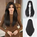 Long straight black synthetic wig with layered bangs and natural smooth texture - Dark Tea Black (Curtain Bangs) 69cm