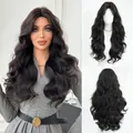 Long wavy black synthetic wig with center part bangs and voluminous natural curls - 70cm / Dark Brown