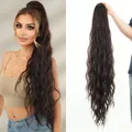 36-inch deep wave ponytail extension in dark brown with drawstring elastic net - Latte Brown Long