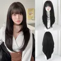 Long straight black synthetic hair wig with air bangs and layered cut for women - Dark Tea Black (Textured Layers) 70cm